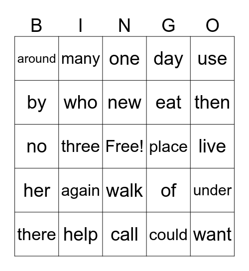 Unit 2 High Frequency Words Bingo Card
