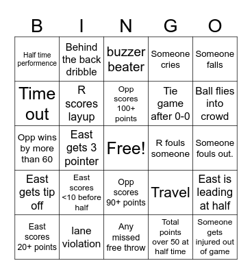 Basketball JV game 2/14 Bingo Card