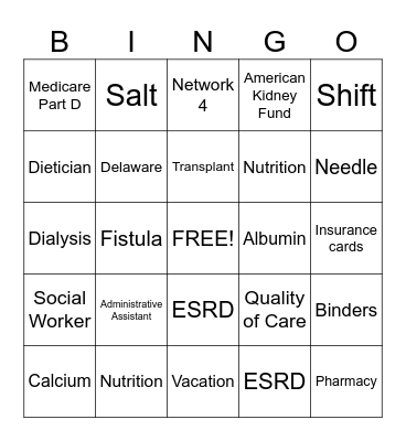 Dialysis Bingo Card