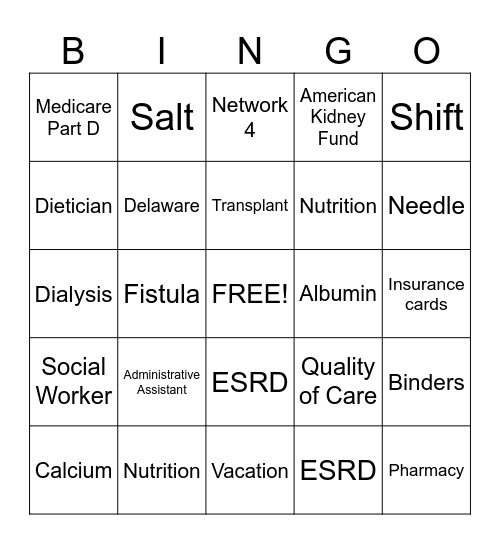 Dialysis Bingo Card