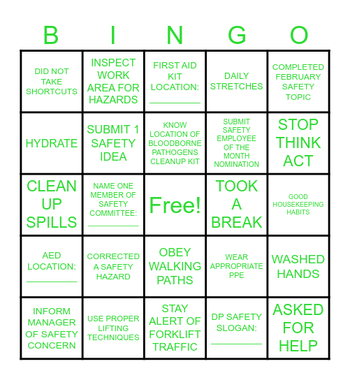 SAFETY BINGO Card