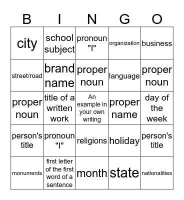 Capitalization Bingo Card