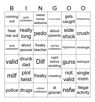 confessions bingo Card