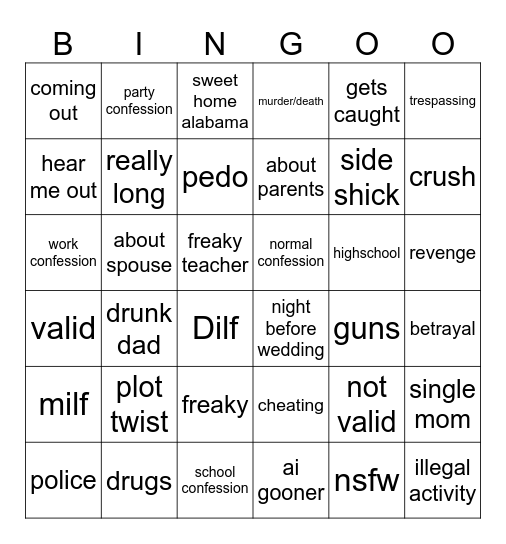 confessions bingo Card