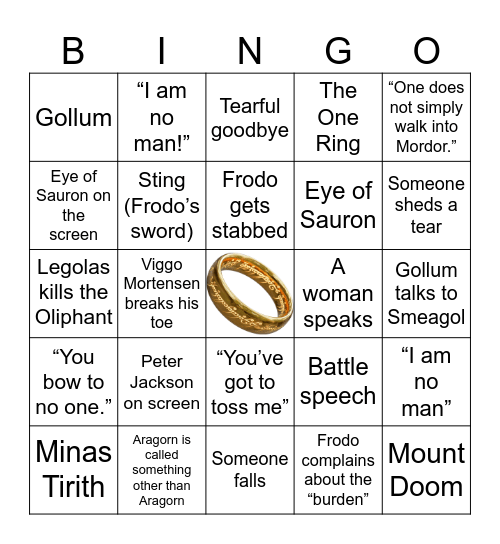 Lord of the Rings Marathon Bingo Card
