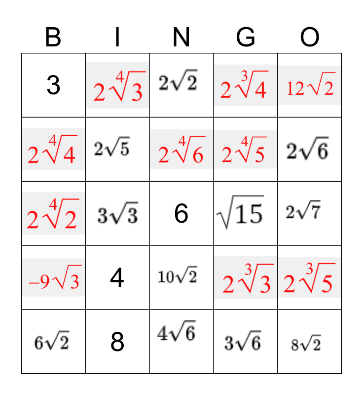 Simplifying Radicals (Q/A) Bingo Card