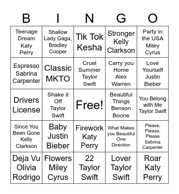 Pop Song Bingo Card