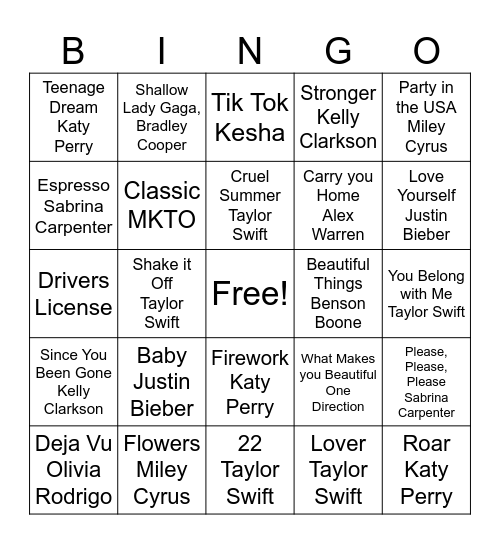 Pop Song Bingo Card