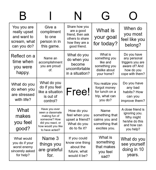 Emotional Regulation Bingo Card
