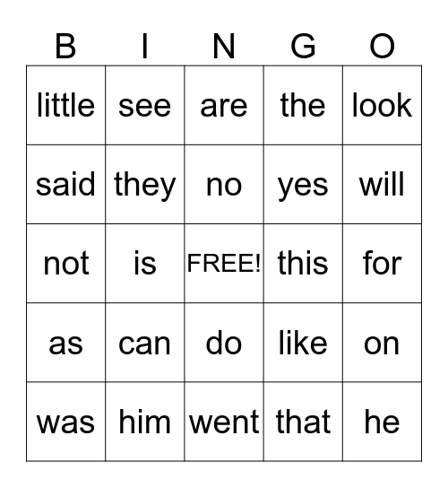 Sight Word Bingo Card