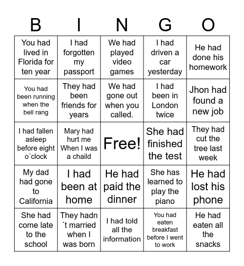 PAST PERFECT Bingo Card
