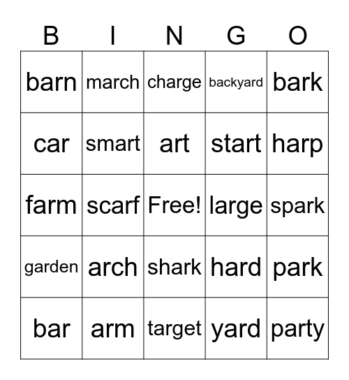 ar Words Bingo Card