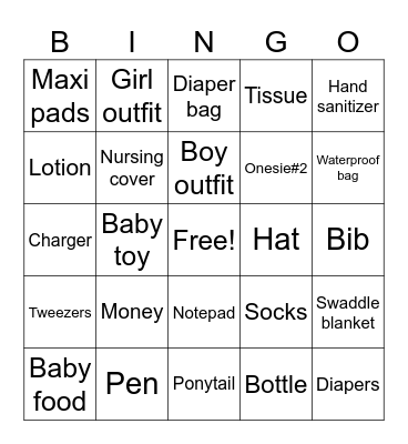 What's in the diaper bag? Bingo Card