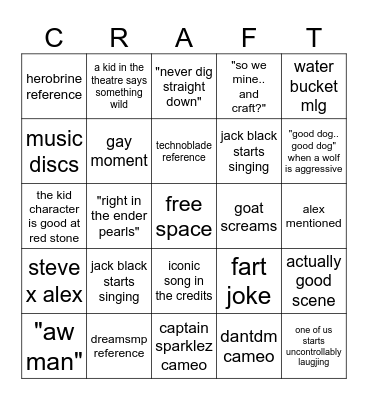 minecraft movie bingo Card