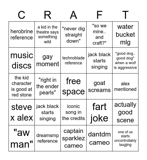 minecraft movie bingo Card