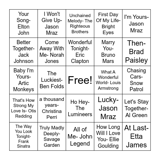 Top 50 First Dance Songs Bingo Card