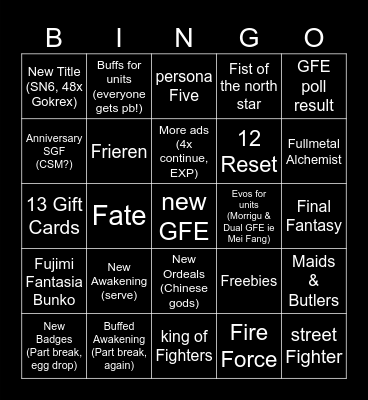 PAD JP 13th Anniversary Stream Bingo Card