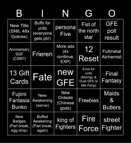 PAD JP 13th Anniversary Stream Bingo Card