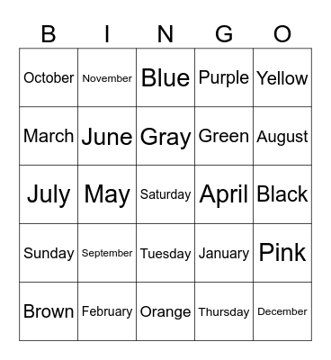 Months, Days, Colors Bingo Card