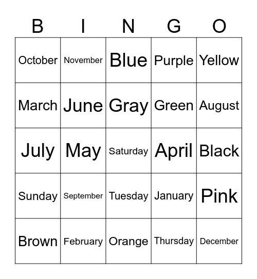 Months, Days, Colors Bingo Card