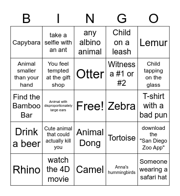 San Diego Zoo Bingo Card