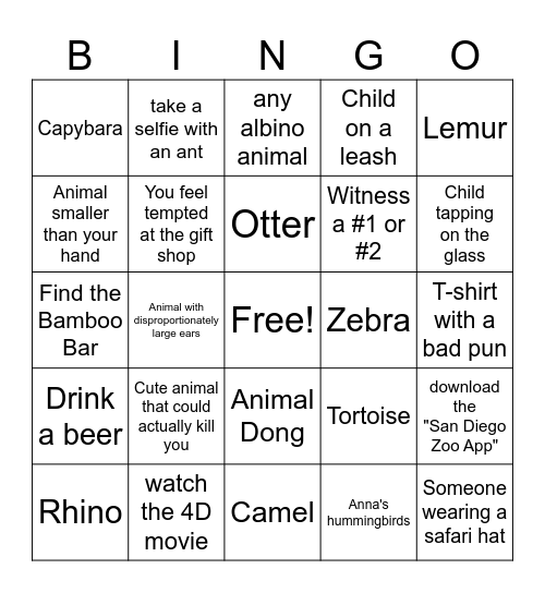 San Diego Zoo Bingo Card