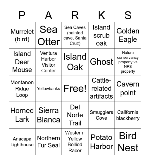 Parks Bingo Card