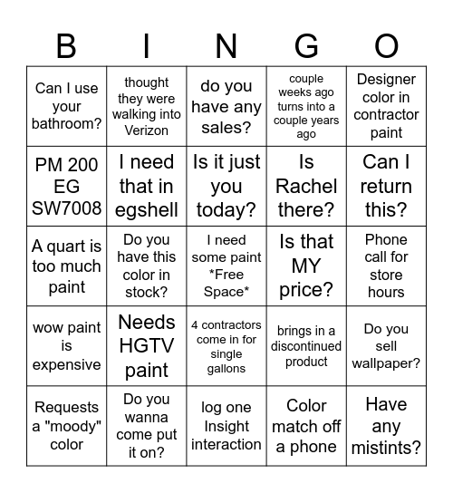 Sherwin Bingo Card