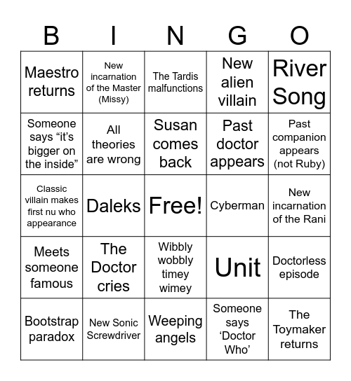 Doctor Who Bingo Card