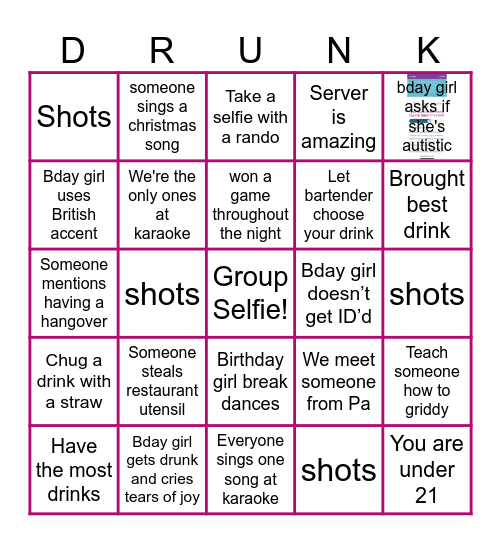 21st Birthday Bingo Card