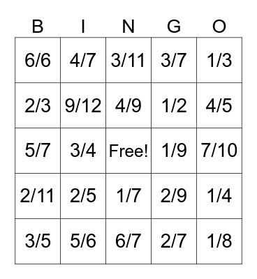 Fraction Bingo Card