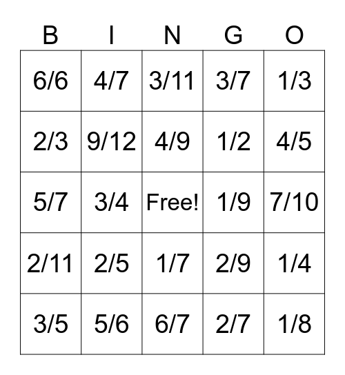Fraction Bingo Card