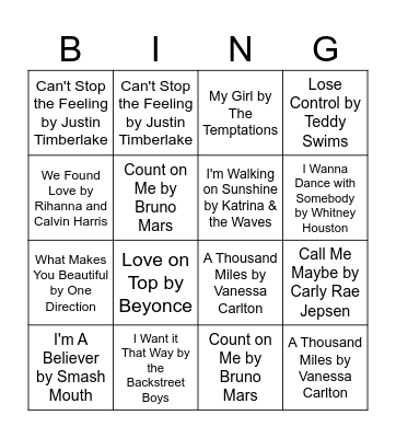Valentine's Music Bingo Card