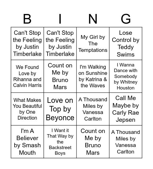 Valentine's Music Bingo Card