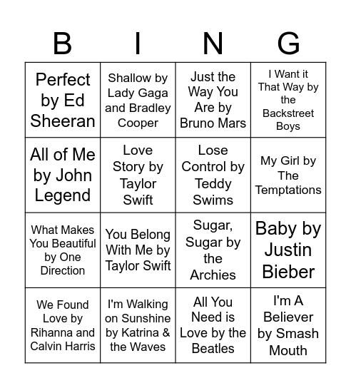 Valentines Music Bingo Card