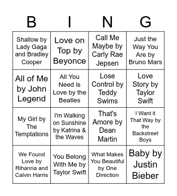 Valentines Music Bingo Card