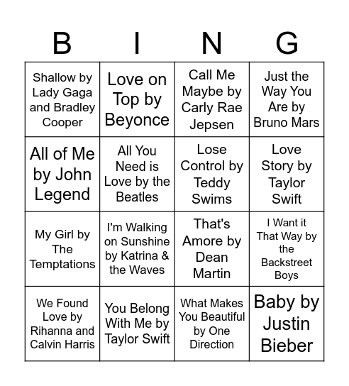 Valentines Music Bingo Card