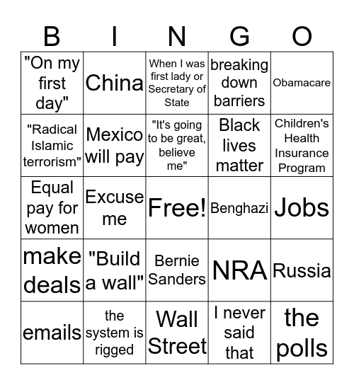 First Presidential Debate of 2016 Bingo Card