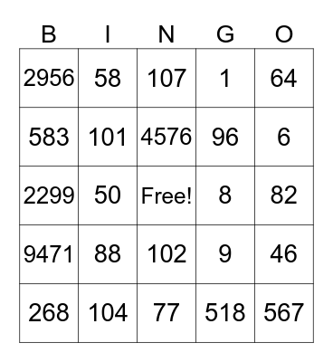 Place Value Bingo Card