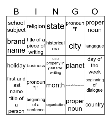 Capitalization Bingo Card