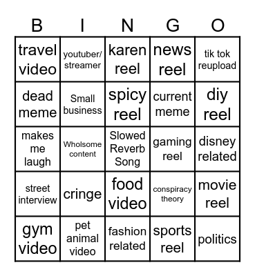 Instagram reel bingo Card