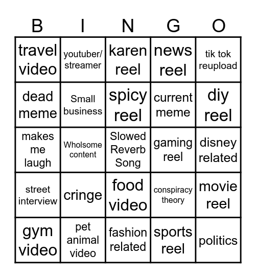 Instagram reel bingo Card
