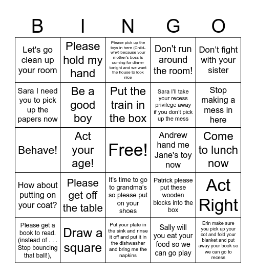 Effective Commands Bingo Card