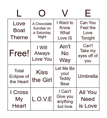 Valentine Love Song Bingo Card