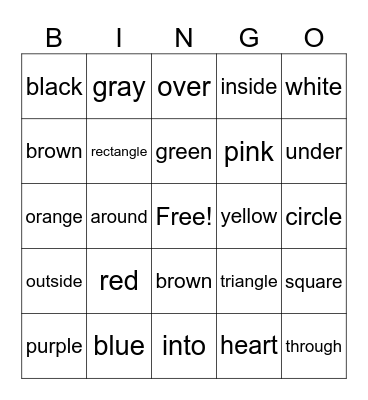 Shapes, Colors, Directions Bingo Card