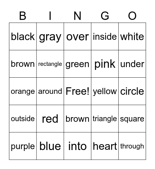 Shapes, Colors, Directions Bingo Card