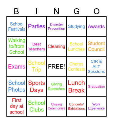 Junior High School Memories Bingo! Bingo Card