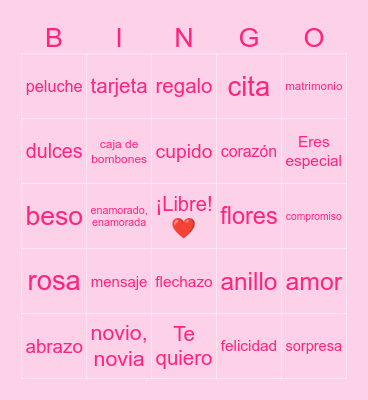 Vocabulario de San Valentín Bingo Card
