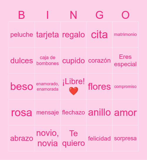 Vocabulario de San Valentín Bingo Card