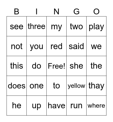 Sight Words 1.2 Bingo Card